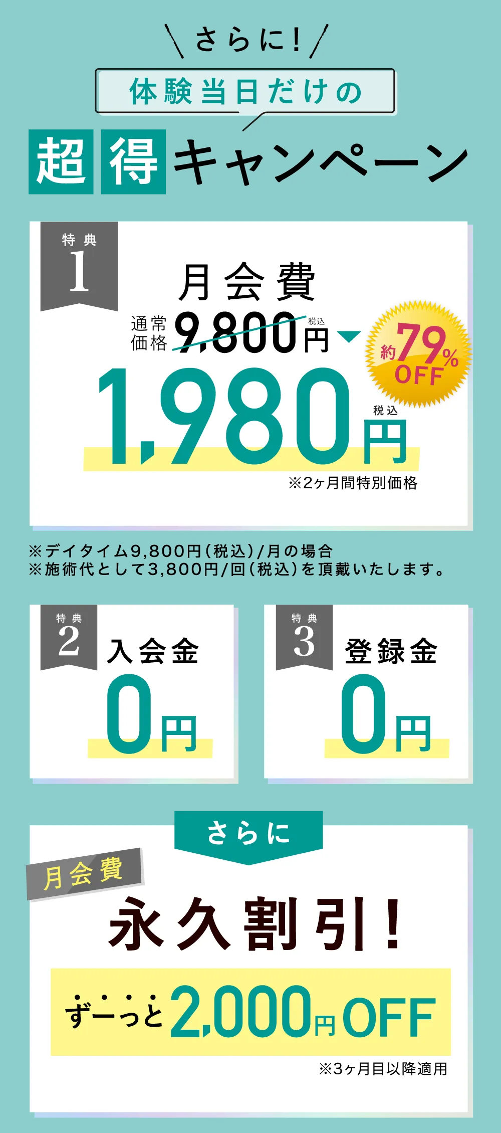 3大特典　月会費1,980円 入会金・登録金0円　さらに月会費永久割引！ずーっと2,000円OFF