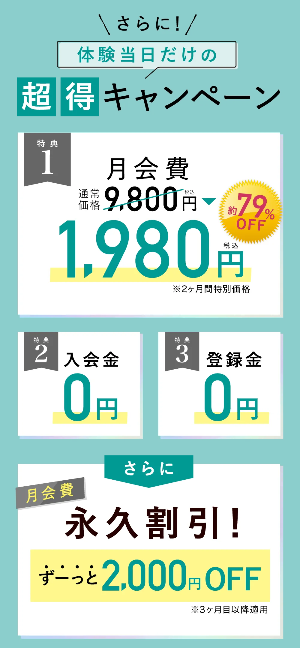 3大特典　月会費1,980円 入会金・登録金0円　さらに月会費永久割引！ずーっと2,000円OFF