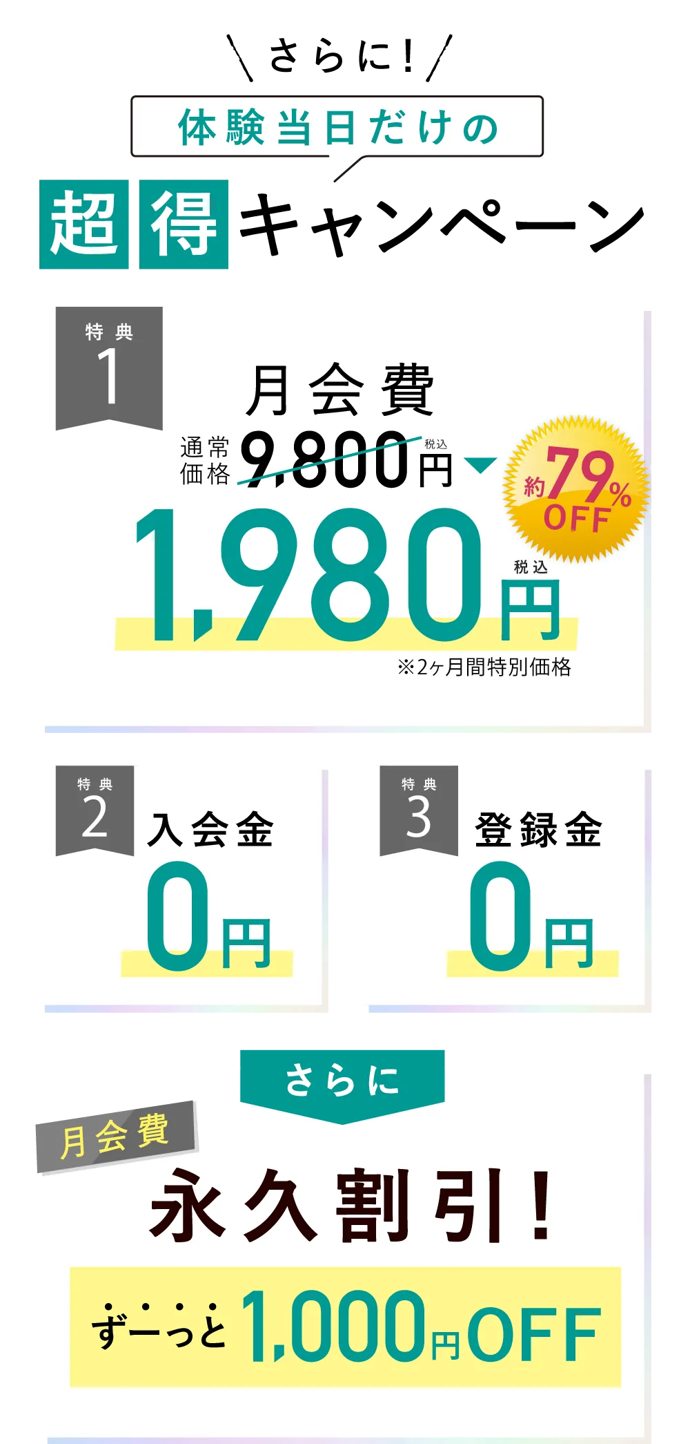 3大特典　月会費1,980円 入会金・登録金0円　さらに月会費永久割引！ずーっと1,000円OFF