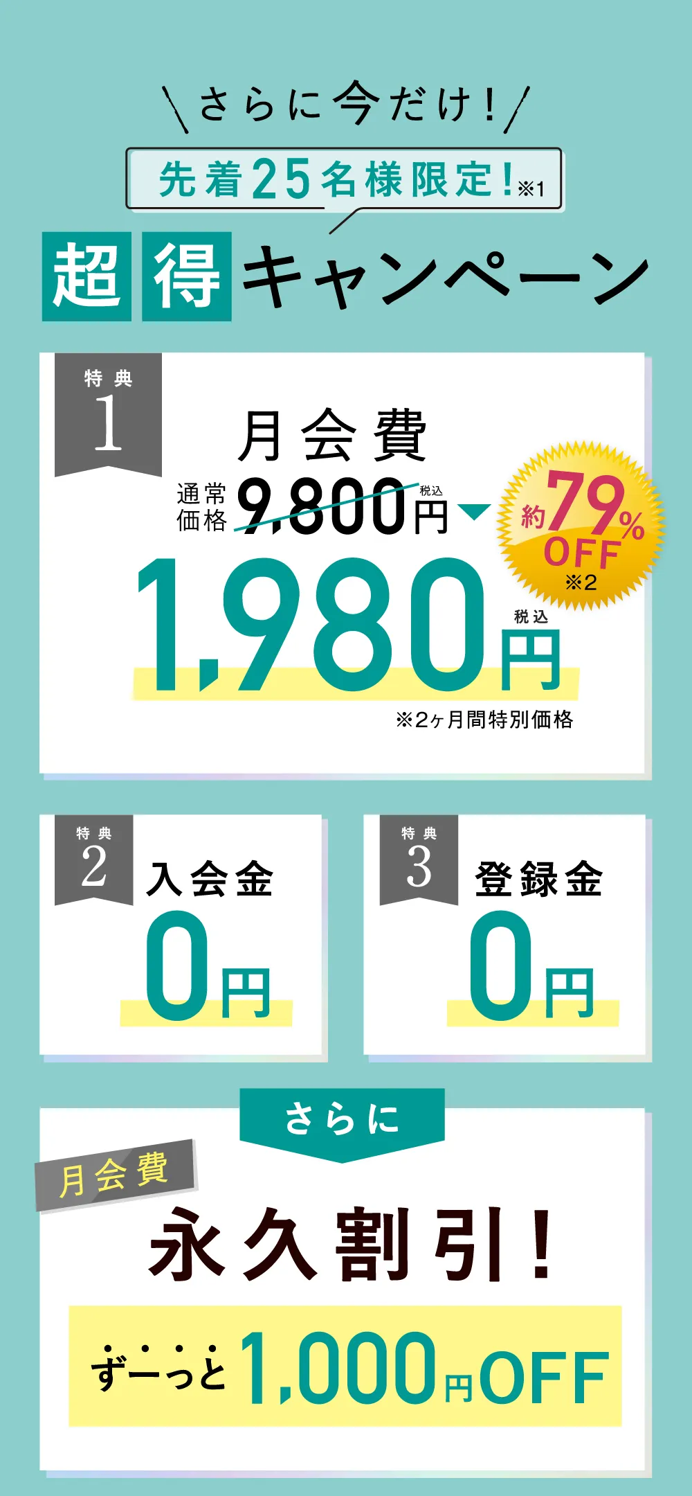 3大特典　月会費1,980円 入会金・登録金0円　さらに月会費永久割引！ずーっと1,000円OFF