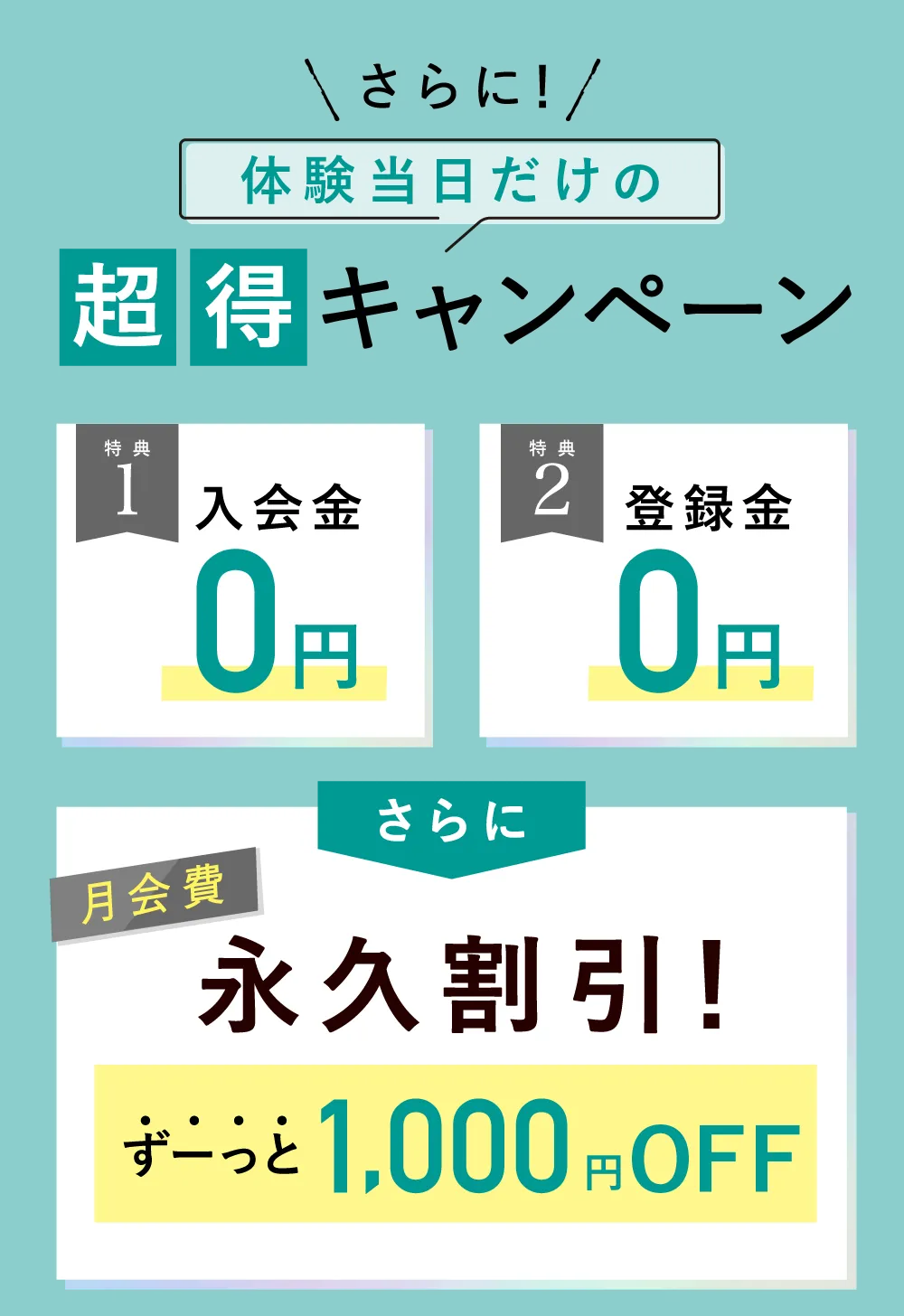 3大特典　月会費1,980円 入会金・登録金0円　さらに月会費永久割引！ずーっと1,000円OFF