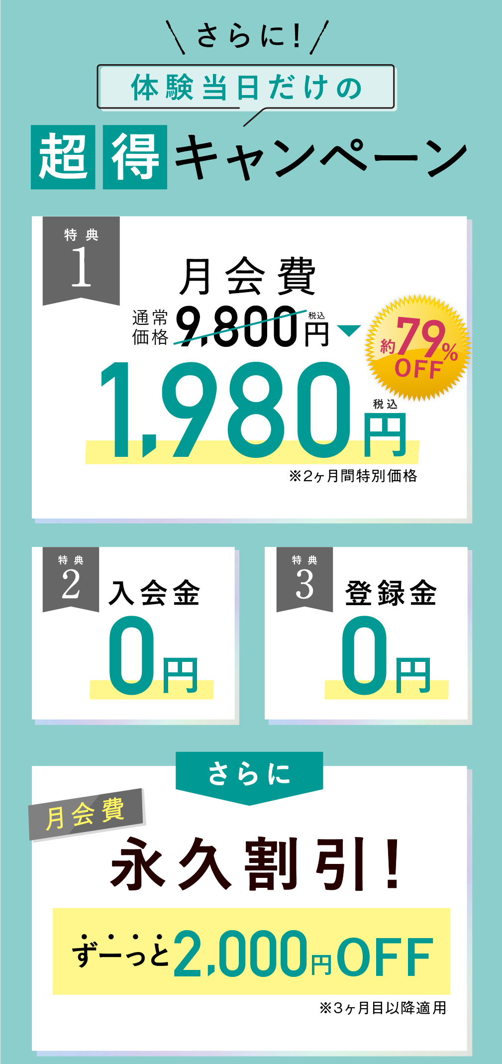 3大特典　月会費1,980円 入会金・登録金0円　さらに月会費永久割引！ずーっと2,000円OFF